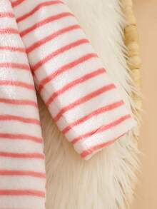 2pcs Unisex Baby Clothes Set: Fleece Zip-Up Footie Jumpsuit In Pink Striped Pattern + Pink Heart Design Chic Outfits For Autumn/Winter Fall - Pink - View 6