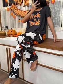 CoupledUp Women's Halloween Pumpkin, Bat, Ghost Cartoon Print Knit Short Sleeve Pajama Set - Black - View 9
