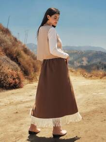 SHEIN VCAY Gonna avvolgente casual vintage con decorazione a nappine, taglie comode - Castano - Visualizzare 3