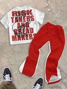 SHEIN Bộ 3 áo thun cổ tròn in hình mắt cá tính, in khẩu hiệu thời trang, in ký hiệu đô la và quần ống loe cho bé trai, phù hợp cho mùa hè - Nhiều màu - Xem 3