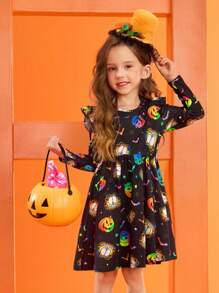 GARFIELD | SHEIN Young Girls' Cartoon Pumpkin Pattern Knitted Round Neck Ruffle Trim Long Sleeve Halloween Autumn/Winter Dress - Black - View 3
