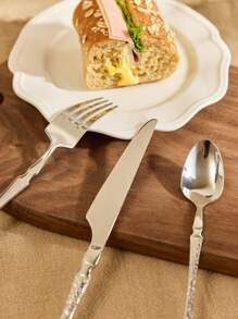 Cirelle Stainless Steel Bark-Patterned Cutlery Set, Western Steak Knife Fork Spoon Set, Cutlery, Home & Restaurant Dinner Set, Kitchen Accessories | Cutlery Set,Cutlery,Dinner Set,Kitchen Accessories,Spoon And Fork Set - Silver - View 2