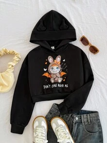 SHEIN Tween Girl Halloween Cartoon Pattern Hooded Crop Top Sweatshirt With 3D Ears,In Fall/Winter - Black - View 3