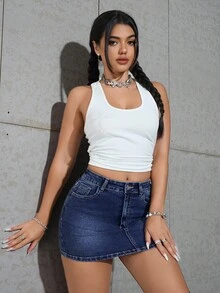 SHEIN PETITE 女式口袋装饰休闲百搭牛仔铅笔裙 - 深色水洗藍 - 查看 6