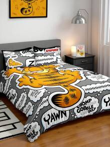 GARFIELD | SHEIN 3 件字母和卡通图案床上用品套装，拉绒面料，柔软温暖，黑色羽绒被套，适合单人/双人/大号/特大号床，适用于卧室装饰 - 灰色 - 查看 2