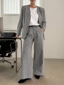 DAZY Costum casual din denim pentru femei, cu decolteu în V, lejer, cu dungi, sacou și pantaloni lejeri cu picior drept, 2 piese - Gri - Vizualizare 4