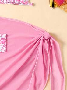SHEIN Setelan Baju Renang 3 Potong untuk Remaja Perempuan dengan Rok, Setelan Bikini Motif Bunga dengan Sarung, Baju Renang Remaja, Putih, Musim Panas, Tropis, Pantai, Liburan, Pakaian Liburan - Baby Pink - View 3