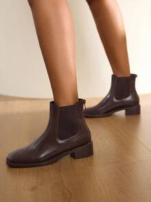 Daringsoles 新款春秋季复古女式方头中跟粗跟踝靴，百搭后拉链松紧踝靴 - 棕色 - 查看 3