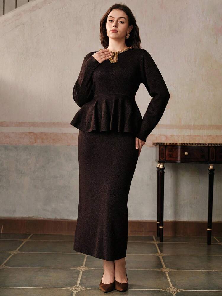 High-End Fashion Vintage Inspired Retro Coin Sequin Embellished Wool Blend Ruffle Hem Plus Size Dress