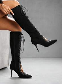 CUCCOO SZL 女士尖头细高跟黑色绒面革时尚靴子，适合派对和夜总会穿着，系带和侧拉链 - 黑色 - 查看 1