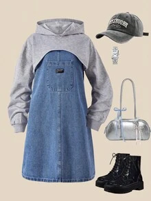 SHEIN Explorewe 1pc Girls' Fashionable 2 In 1 Hooded  Patchwork Long Sleeve Dress, Suitable For Spring/Autumn Commuting And Campus Wear - Multicolor - View 1