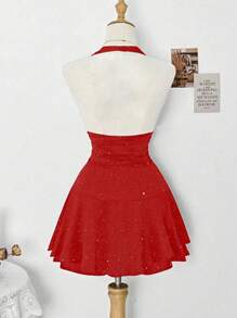 SHEIN Clasi 女士优雅亮片露背连衣裙，适合度假和派对 - 紅色 - 查看 2