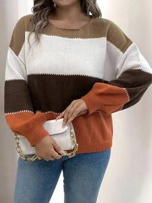 SHEIN Plus Size Casual Colorblock Round Neck Plus Size Sweater, Autumn/Winter Fall Cloth For Women - Red - View 3