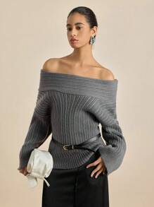 Airaco 女士纯色不对称领长袖宽松休闲毛衣，秋冬季针织套头衫 - 灰色 - 查看 1