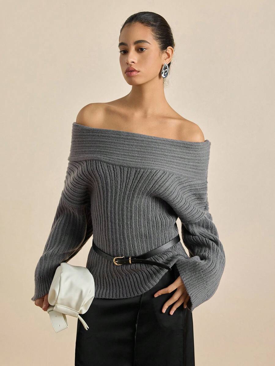 Airaco 女士纯色不对称领长袖宽松休闲毛衣，秋冬季针织套头衫 - 灰色 - 查看 1