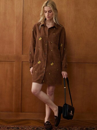 Écloséra 时尚休闲法式复古宽松灯芯绒刺绣口袋装饰长袖秋冬女装