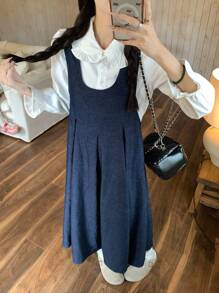 DAZY Women's Round Neck Pleated Korean Style Mid-Length Denim Dress - Blue - View 4