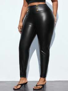 Maija Plus Size Black And Gold Women PU High Elastic Warm Sanded Pants,Winter Girlism Rave Black Leggings,Old Money Fashion Christmas Halloween - Black - View 1