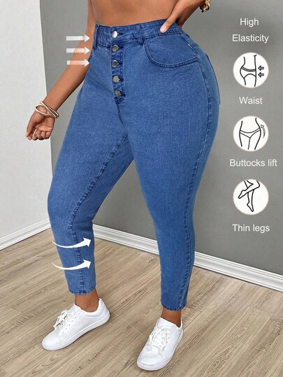 SHEIN SXY Jeans de talla grande de mezclilla negra elástica y ceñida con botón