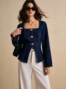 Poéselle Women's Square Neck Long Sleeve Single-Breasted Casual Denim Coat Navy Blue Denim Coat Denim Top Women - Dark Wash - View 5