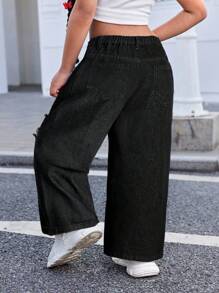 SHEIN Young Girl Y2K Casual Blue Distressed Loose Fit Denim Jeans,Kid Girls Spring And Summer Casual Vacation Hobo Denim Pant Wear, Girls Ripped Jeans, Black Baggy Jeans, Girls Baggy Jeans Fall Winter - Black - View 2