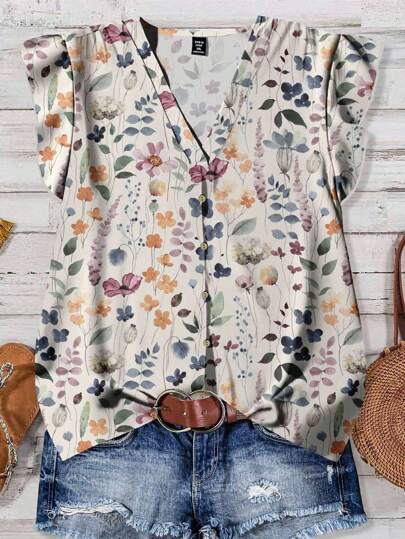 EMERY ROSE Women's Casual Elegant Cap Sleeve Loose Blouse, Minimalist Design Suitable For Summer, Front Button Closure, Ditsy Floral, Vintage Flower Pattern Floral Blouse Women Casual Tops Women Summer Summer Floral Tops Chic Blouses For Women