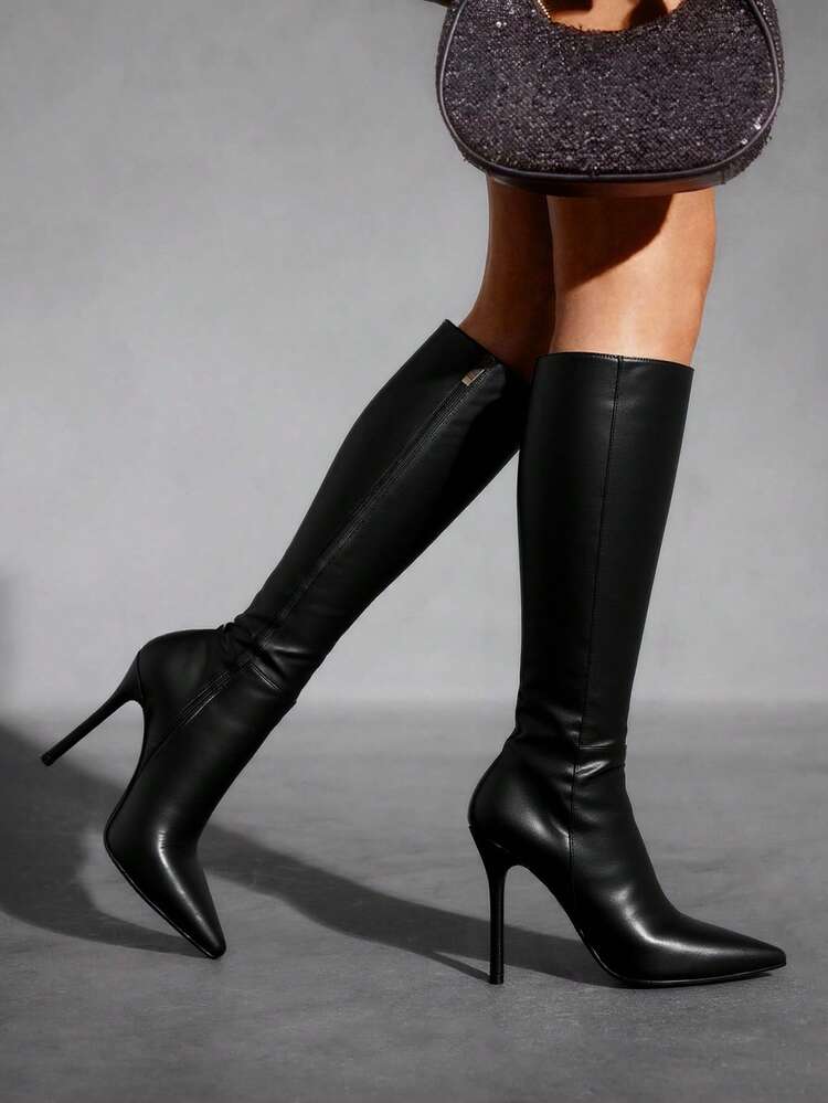 CUCCOO SZL Women's Pointed Toe Ruffle Thigh High Boots, Slim Stiletto Heels, Fashion Party And Date Outfit For Christmas Spring Shoes