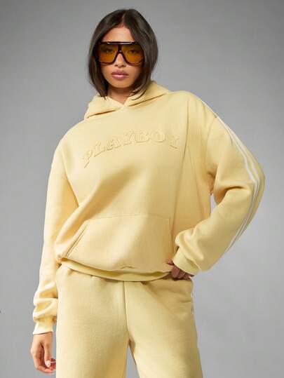 Missguided x Playboy Oversized Long Sleeve Hoodie With Centre Pocket Pullover Sweatshirt For Casual Streetwear Winter Comfort