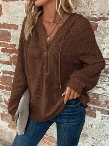 EMERY ROSE Women's Solid Color Raglan Sleeve Button Half Placket Drawstring Hooded Casual Sweatshirt In Fall/Winter - Brown - View 3