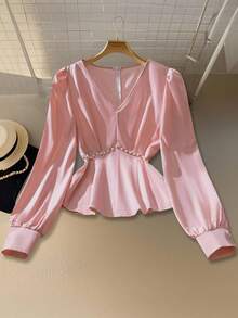 GlowEve Pink V-Neck Long Sleeve Ruched Elegant Women Blouse Fall Cloth For Women - Pink - View 1