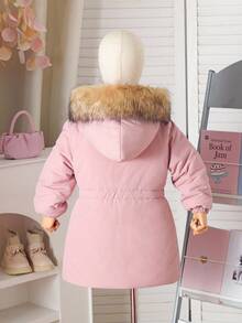 SHEIN 女童少女秋冬新款简约时尚百搭厚棉衣，带毛领，拉链，口袋，腰部收紧，棉服 - 粉色 - 查看 2