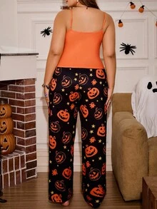 Plus Size Women Halloween Pumpkin Print Cami Top And Pants Pajama Set, For Halloween Party - Multicolor - View 2