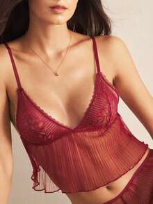 SHEIN Women's Contrast Lace Pleated Mesh Hem Sexy Sheer Bra Top - Burgundy - View 4