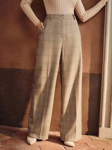 Anewsta 复古都市格子高腰直筒百搭喇叭裤女士西装裤 - 軍綠色 - 查看 6