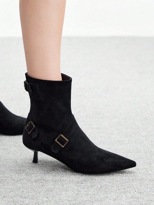 CUCCOO BIZCHIC Women's Black Pointed Toe Ankle Boots, New Autumn Boots, Women's Boots, Low Heel Short Boots, Tight Fitting Boots, Fashion Cut-Out Buckle Boots