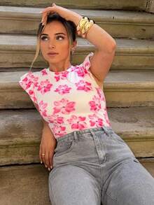 Jeta Ari Women's Casual Vacation, Western, Beach, Wedding Guest, Graduate, Brunch, St. Patrick's Day, Spring Break, Easter, Music Festival - Elegant Bohemian Tropical Floral Print Ruffle Sleeve T-Shirt Vest Top, Spring/Summer - Pink - View 4