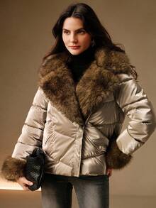 Anewsta Áo khoác lông thú sang trọng cổ ghép lông ôm vừa vặn túi khóa kéo kim loại cho nữ ngắn dày - Rượu sâm banh - Xem 9