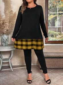 Plus Size Women's Plaid Patchwork Loose T-Shirt And Skinny Leggings Two Pieces Casual Outfit, Suitable For Daily Commute Fall Cloth For Women - Multicolor - View 4