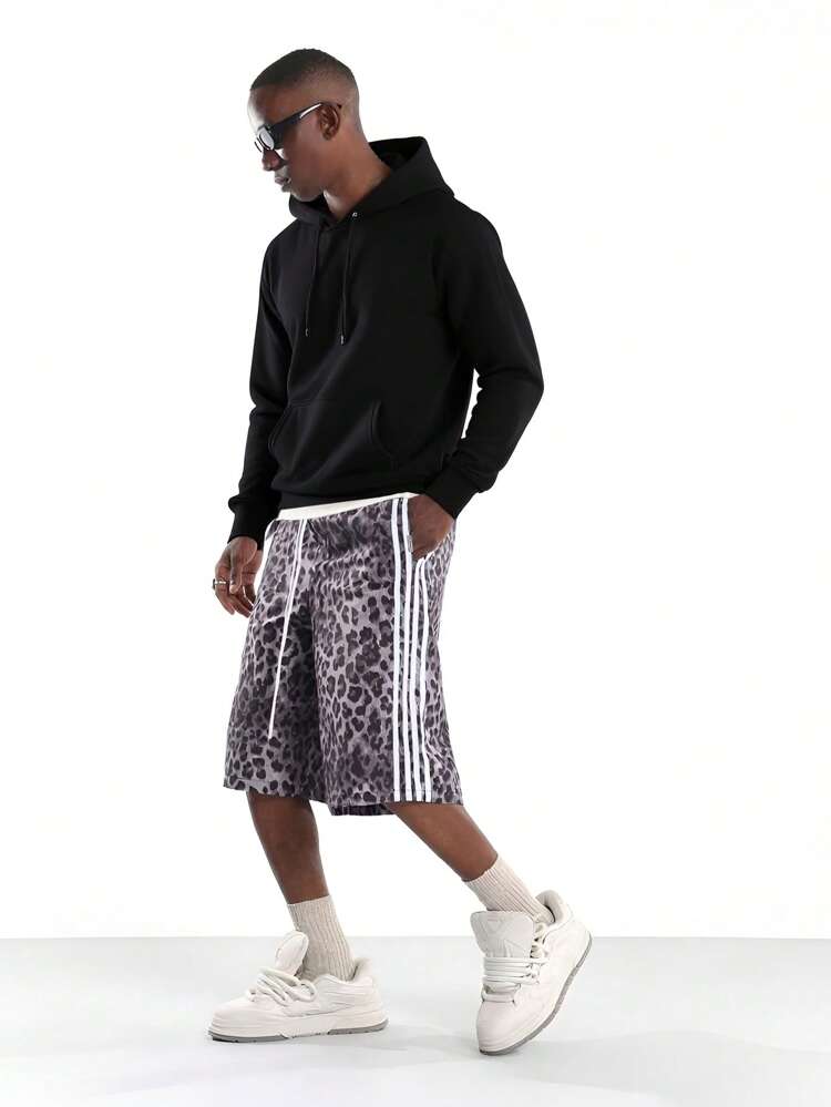 사이드 스트라이프 레오파드 프린트 농구 반바지