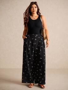 Elaquor 大码女装春夏时尚休闲宽松舒适清凉日常基本百搭黑色小碎花纹理面料松紧腰阔腿裤，女式下装，宽松裤，可爱夏装，欧洲夏季，度假裤，女士机场装，女士休闲装 - 黑色 - 查看 6