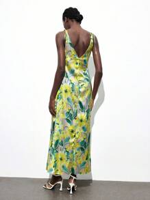 Maija 女式绿色花卉印花 U 领无袖系腰优雅时尚休闲度假聚会长裙，采用缎面面料 - 黑色 - 查看 2