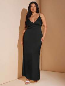 SHEIN BAE 大码女式无袖 V 领露背长款缎面连衣裙，适合度假、音乐节、生日、早午餐、婚礼宾客、优雅礼服派对礼服 - 黑色 - 查看 2