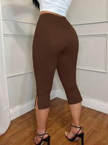 SHEIN SXY Leggings capri de mujer de unicolor con cintura elástica y dobladillo dividido informal - Marrón - Ver 2