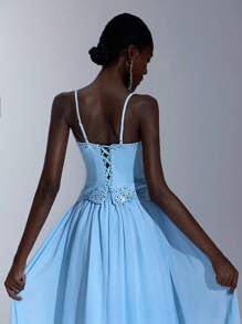 Elitara 优雅奢华浅蓝色缎面手工水钻肩带超大 A 字裙摆连衣裙，适合约会、单身派对、招待会、舞会、正式场合、庆典和宴会正式礼服 - 淺藍色 - 查看 6
