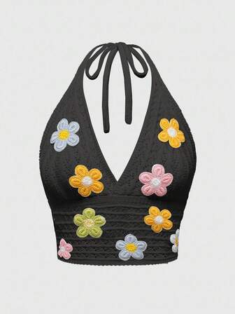 Große Größen Damen Camisole-Top mit Spaghettiträgern und Blumenmuster und 3D-Dekor