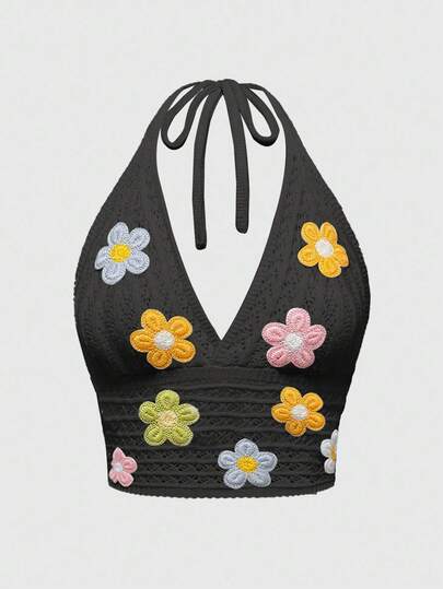 Camiseta de tirantes finos con decoración floral 3D para mujer de talla grande