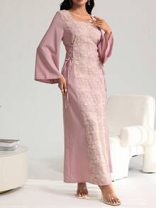 Yasmyna Women's Elegant Square Neck Patchwork Embroidered Cinched Waist Waist Dress, Spring/Summer Pink Dress Dress With Sleeves Lace Dress Elegant Dress - Pink - View 3