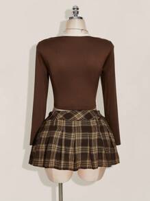 SHEIN ICON 加大码心形钻石装饰透明网眼拼接修身镂空长袖黑色T恤 - 棕色 - 查看 2