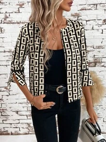 SHEIN Clasi 秋冬女式几何印花七分袖前开式休闲轻便夹克 - 彩色 - 查看 7