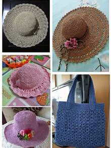 1 件拉菲草纱线手工钩编可折叠帽袋、波西米亚风海滩夏季草帽、DIY 手工编织线、时尚丝带绳、钩编渔夫帽、手工折叠拉菲草太阳帽、波西米亚风配饰 - 彩色 - 查看 9